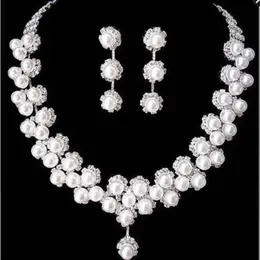 2022 Элегантный жемчуг из двух частей, свадебные украшения, 1 комплект, ожерелье невесты, серьги с блестящими серебряными кристаллами, аксессуары для свадебной вечеринки256d