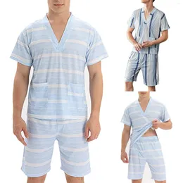 Men's Tracksuits Summer Stripe Pajamas Pullover Shorts 2 Piece Set Sleepwear Men Pajama Home Clothes Nightwear Loungewear