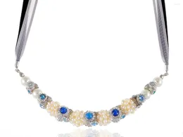 Hänge halsband Sapphire Blue Opal Crystal Rhinestone Faux Pearl Bead Tri Ribbon Necklace