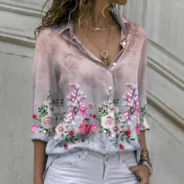 Damskie bluzki kobiety kwiatowy druk klapy bluzki 2023 Wiosenna moda drukowana długie rękaw luźne koszulę femme blusas eleganty
