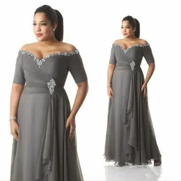 Grey Mother of the Bride Groom Dresses Plus Size Off the Shoulder Cheap Chiffon Prom Party Gowns Long Evening Wear211h