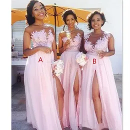 Cheap Country Blush Pink Bridesmaid Dresses 2020 Sexy Sheer Jewel neck Lace Appliques Maid of Honor Dresses Split Formal Evening G284p