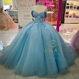 Sky Blue Glitter Ball Gown QuinCeanera Dresses Löstagbart tåg Sökpeklärning Crystal Bow Corset Vestidos de XV ANOS