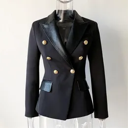 W050 Feature Crop Blazer reunião de negócios Spring femmelondon Quality European Design PU Leather Collar Slim Black OL Formal Classi2647