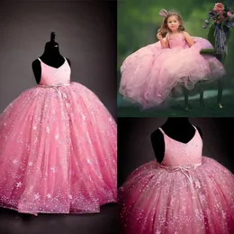 Pink Glitter Bright Stars Stars Flor Girls Dresses 2019 Longe Little Girls Birthday Party Evento formal Desgaste de vestidos sem mangas261w