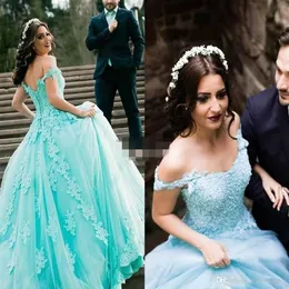 2019 Mint Saudi Africa Dress Princess Puffy Lace Aptique Sweet 16 Ages Long Girls Prom Party Gown Plus Size C268L