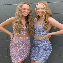 Two-Piece Hoco Dress 2020 Purple Sequins Homecoming Gowns Sheath Spaghetti Neck Short Prom Dress Backless Tassel Pink Blue298L