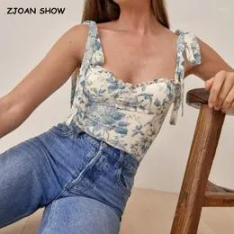 Women's Tanks 2023 Adjust Bow Strap Blue White Floral Print Camis Women Summer Corest Ruched Short Tank Tops Girl Sexy Slim Crop Top Tees