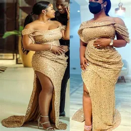 Vestidos de baile plus size árabe aso ebi dourado sexy com lantejoulas bainha alta dividida para festa formal à noite segunda recepção vestidos de dama de honra 219O