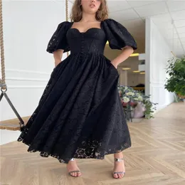 2021 Black Full Lace Evening Party Dresses With Half Puff Sleeves Heart Shape Neck Button Forn Ankel längd Prom Gown2202