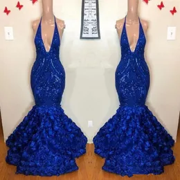 Royal Blue Mermaid Prom Dresses Sexy Africano Scollo profondo senza maniche Paillettes Fiori rosa Abiti da sera lunghi Vestidos266t