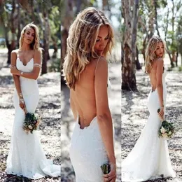 2019 Abiti da sposa senza schienale Sirena Spaghetti Strap Sexy Abito da sposa in pizzo pieno Economici Sweep Schienale basso Boho Abito da sposa bianco DT247Y