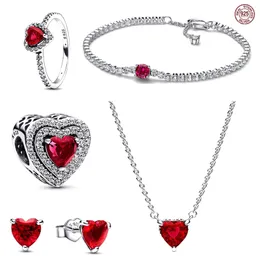 Fashion S925 Pure Silver Red Love Ring Earrings Necklace Flash Bracelet Suitable for Women Charm Pandora Jewelry Accessories Free Delivery