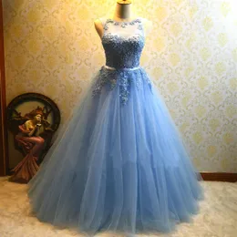 Bollklänning blå quinceanera klänningar 2020 tyll applikationer söta 16 lång fest prom klänning vestidos de 15 anos274w