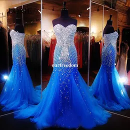 Sparkly Royal Blue Mermaid Prom Dresses 2019 Robe de Soiree Rhinestone Crystals 형식 이브닝 가운 Long Party Dresses247U