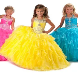 Cute Yellow Girls Pageant Dresses Princess Halter Beaded Ruffles Party Cupcake Prom Dress For Short Girl Pretty Flower Girl Dresse257b