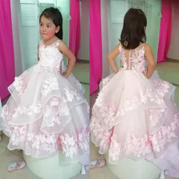 Söta rosa blommorflickaklänningar för bröllop spets 3d blommor applicerade små flickor tävlingsklänning tiered kjolar vestidos de desfile de277e