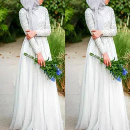 Muzułmańskie suknie ślubne z hidżabem proste czyste białe koraliki C Rystale Wysoki dekolt długi rękaw szyfon islamski suknia ślubna 294Z