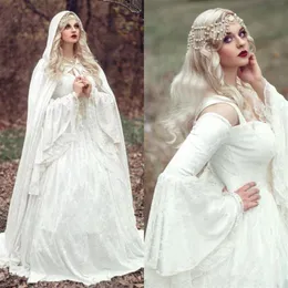 Renaissance Gothic Lace Ball Gown Wedding Dresses With Cloak Plus Size Vintage Bell Long Sleeve Celtic Medieval Princess Bridal Go300q