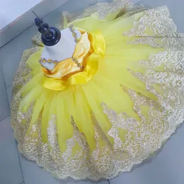 Gelbe Spitze Kristalle Blumenmädchenkleider Prinzessin Ballkleid Brautkleider für kleine Mädchen Günstige Kommunion Festzug Kleider Kleider zj69302o