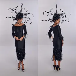 Black Sheath House Of Mooshki Mother of The Bride Dress Jewel Neck Long Sleeve Feather Wedding Guest Dresss Tea Length Evening Gow320b