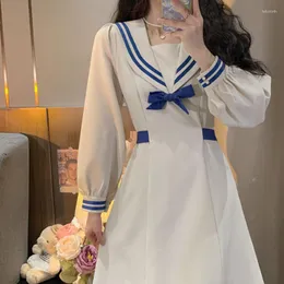 Casual Dresses Japan Preppy Style Women Dressing Large Size Sweet Sailor Collar Bow Loose Vintage Elegant Lady Midi Vestido Festa