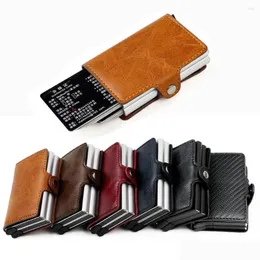 Wallets Customized Name Blocking Men Wallet Holder Leather Bank Card Double Metal Automatic ID Purse