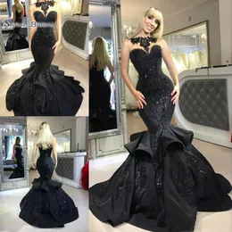 Boncuklu ve aplike edilmiş basamaklı fırfırlı resmi parti balo elbiseli klasik siyah uzun deniz kızı gece elbiseleri286g