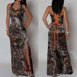 Sexy Halter Corsetto Sirena Fessura Camo Abiti da sera da sera Camouflage Lungo Prom Abiti da festa Abito formale con pizzo Up202L