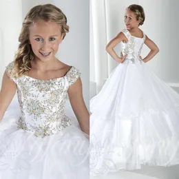 Tiered Tulle Crystal Long Girl's Pageant Dresses Cap Sleeves Lace Up Back Princess Flower Girls Dress Cheap Formal Party Gown247l