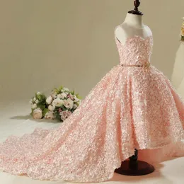 2019 Söt rosa spetsar HI Low Flower Girls Dresses Jewel Ball Gown With Sash Gilrs Pageant Gown First Communion Dresses254h