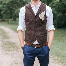 Wolle Bräutigam Westen 2021 Mode Dunkelbraun Tweed Fischgräten Taschen herren Anzug Westen Slim Fit männer Kleid Westen hochzeit W271u