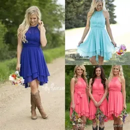 Country Bridesmaid Dresses Short Coral Plus Size Modest Western Wedding Gästklänningar Knäslängd Maid of Honor under 50194W