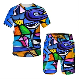 Agasalhos Masculinos Verão Abstrato Retrato Estampado Camiseta Solto Decote Manga Curta Casual Calções Confortáveis Conjunto de 2 Peças Roupas Masculinas 230721