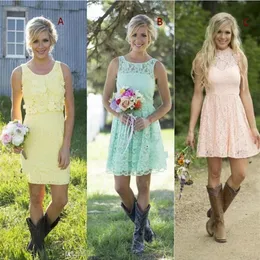 2016 Günstige Brautjungfernkleider im Country-Stil, kurze Spitze, gemischter Stil, formelles Kleid für Junior-Erwachsene, Brautjungfer, Hochzeit, formelle Party, D256S