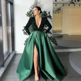 2021 Dark Green Elegant Evening Dresses With Long Sleeve Dubai Arabic Sequins Satin Prom Gowns Party Dress Deep V-Neck High Split2127