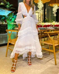 Basic Casual Dresses High Street White Lace Ruffle Dres Cut Out Hollow Waist Long sleeved A Line Party Elegant 230721