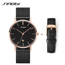 Sinobi Menss Watches Male Business Stainless Steel Mesh Band Calendar Quartz Wristwatch Simple Analog Men Watch Leather Strap Set241U