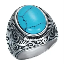 Mens Turquoise crack stone Rings vintage Retro Stainless steel Natural stone Carved finger Rings For Boys Fashion Punk Jewelry244b