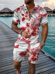 Mężczyzny Tracksuits 3D Polo Shirt i Shorts Set Casual Hawaiian Style Print z krótkim rękawem