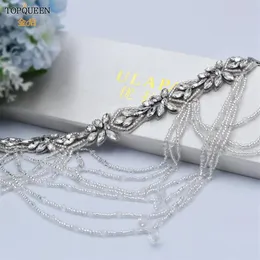 Bröllopssashes topqueen s08 vit klänning Sash Belt brud silverpärlor Rhinestone lyxiga kvinnliga smycken DIMOMONTE270T