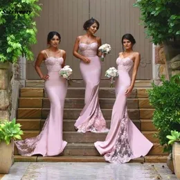 2023 Sexy Bridesmaid Dresses Spaghetti Strap Vestido De Festa De Casamento Sheer Lace Applique Blush Peach Long Bridesmaid Dresses323r