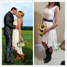 Little White Dress Vintage High Low Beach Wedding Dresses Full Lace V-Neck Bohemian Western Country Cowgirls Bridal Reception Gown270D