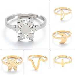 Band Rings Korean Girls Stainless Steel Snowflake Ring Simple Cross Moon Fish Tail Drop Delivery Jewelry Dhftk