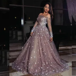 Elegant Elie Saab Long Sleeve Tulle Formal Evening Dresses Beaded Party Gowns Arabic Prom Dress Maxi Wear A Line 2020266U