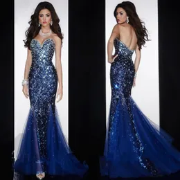2015 Mermaid Sweetheart Open Back Crystals Pärlade paljett Diamond Organza Prom Gown Royal Blue Evening Dresses With Crystal237T