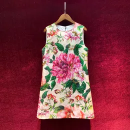 2023 Summer Apricot Floral Print Beaddress ärmlösa runda nacke paljetter Knäslängd Casual klänningar A3Q122304