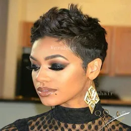 Mänskligt hår CAPLESS peruker Pixie Cut Shortnone Spets Front Wig Glueless Full Machine Made Wig för afroamerikaner Brazilian185i