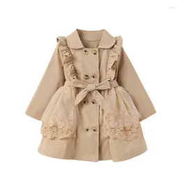 Coat Focusnorm 2-7y Autumn Winter Kid Girls Trench Lace Mesh Patchwork långärmad lapel ruffle dubbel breasted windbreaker