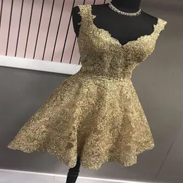 Gold V Neck HomeComing Frad Short Prom Dresses Cheap V الرقبة مع أحزمة الدانتيل بنس خط الأميرة الجديدة 2022 حفلة التخرج DR208C